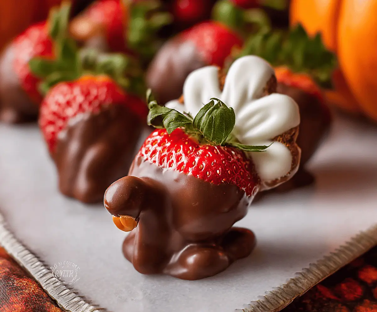 Delicious chocolate-covered strawberries decorated as festive turkeys for Thanksgiving or holiday celebrations