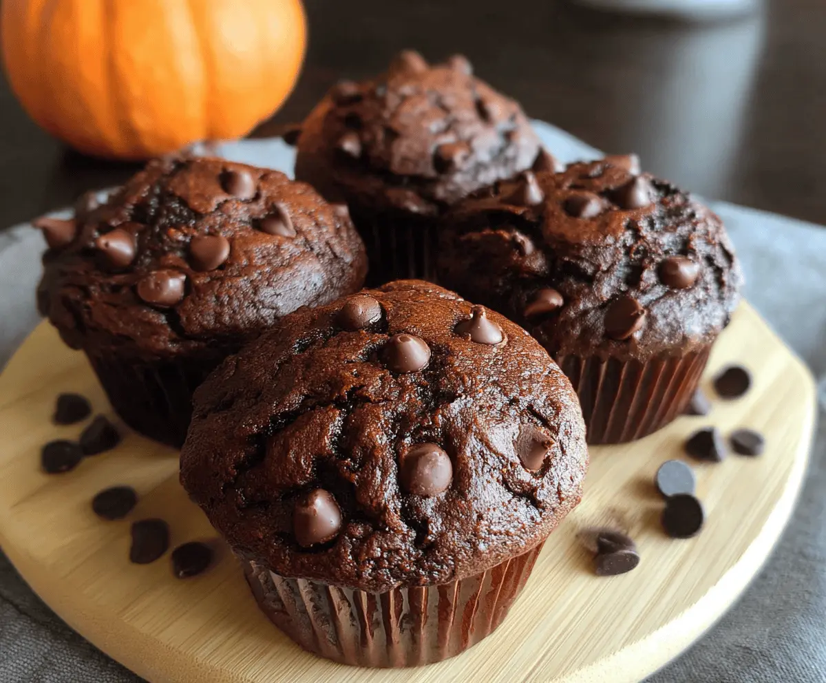 Delicious homemade chocolate pumpkin muffins with a moist texture and chocolate chips, perfect for fall baking