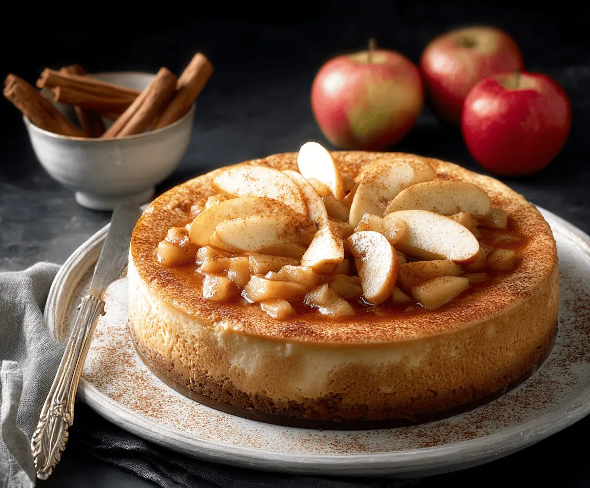 Creamy cinnamon apple cheesecake topped with caramelized apple slices and cinnamon crumbs, served on a decorative plate.