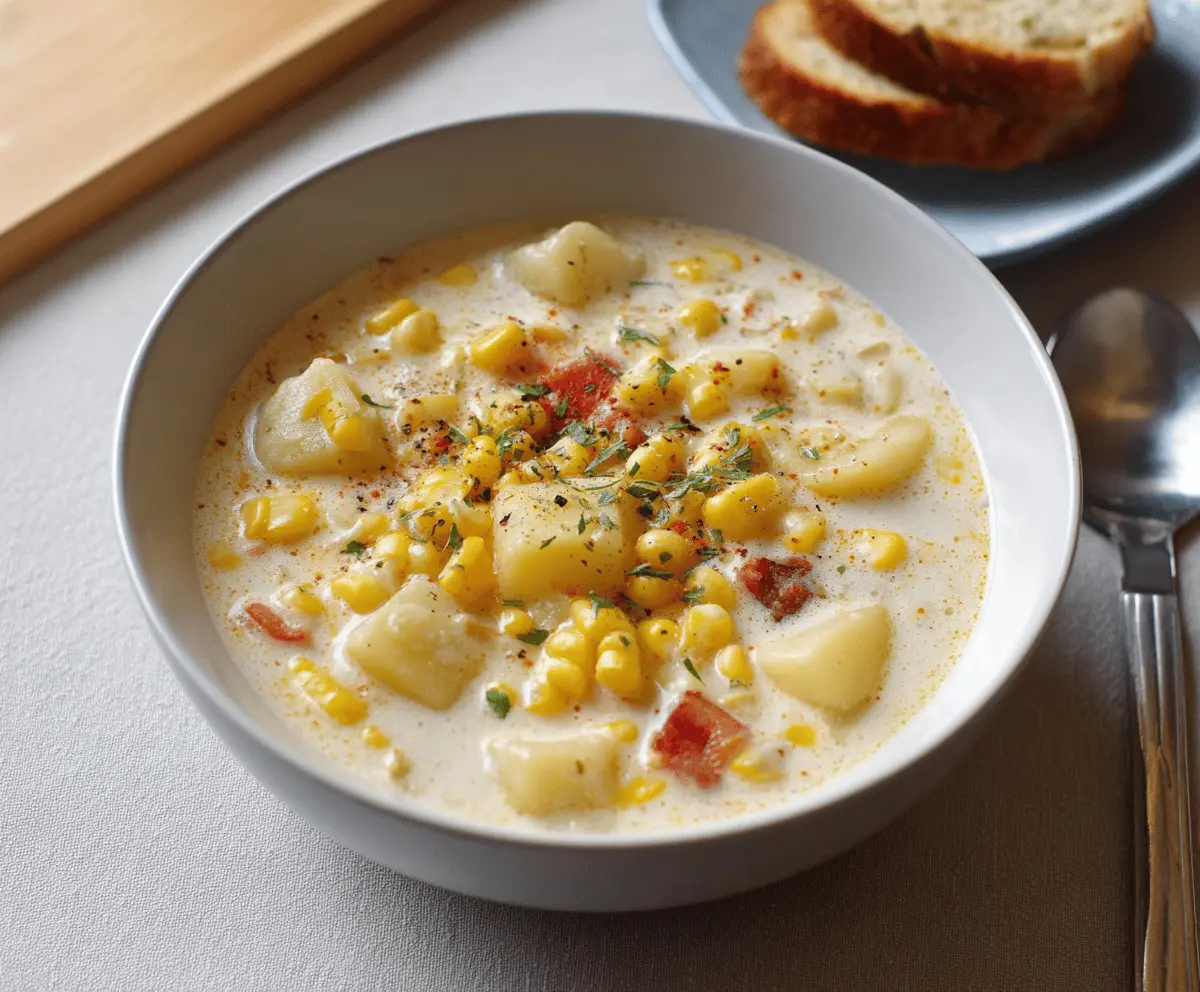 Creamy corn chowder in a bowl garnished with fresh herbs and crispy bacon, served with crusty bread on a rustic wooden table.