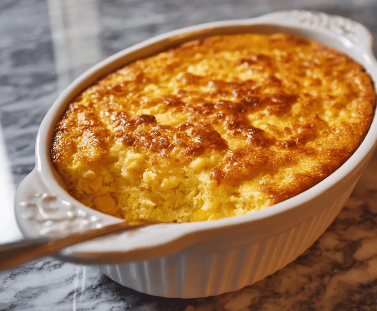 Creamy and flavorful corn pudding served in a baking dish, garnished with fresh herbs, perfect as a comforting side dish.