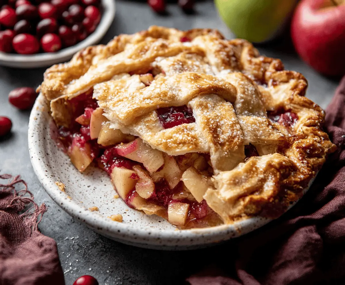 Delicious homemade cranberry apple pie topped with a golden crust and fresh cranberries and sliced apples inside.