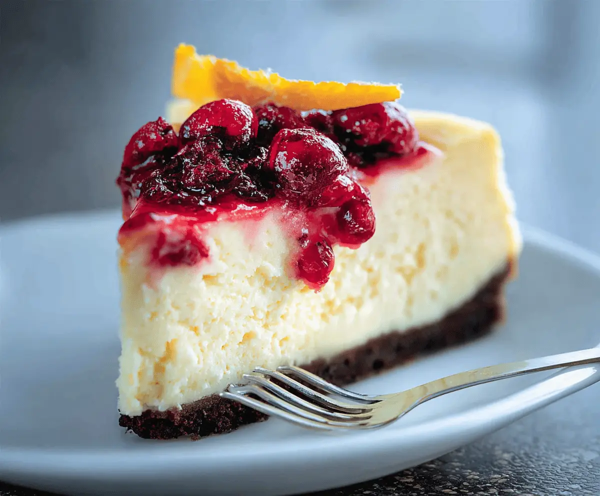 Delicious cranberry orange cheesecake topped with fresh cranberries and orange zest, served on a white plate with a golden crust, perfect for holiday desserts.