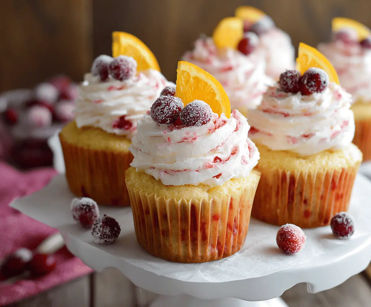 Delicious homemade cranberry orange cupcakes topped with orange zest and fresh cranberries, perfect for holiday baking and festive celebrations.