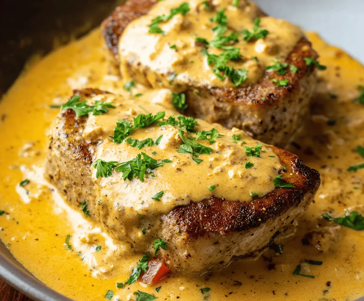 Creamy Cajun Pork Chops served with seasoned vegetables on a plate, showcasing a flavorful, spicy dinner recipe with a rich, creamy sauce.