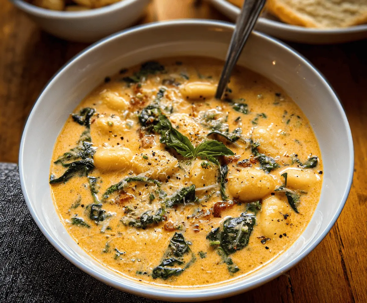 A steaming bowl of creamy gnocchi soup garnished with fresh herbs and served with crusty bread on the side.