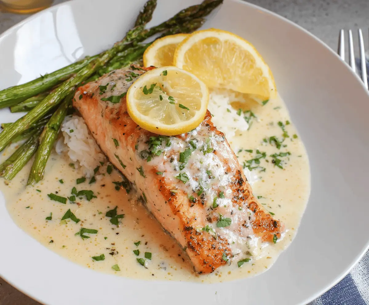 Creamy Lemon Butter Salmon fillet topped with fresh herbs served on a white plate, showcasing a delicious and flavorful seafood dish.