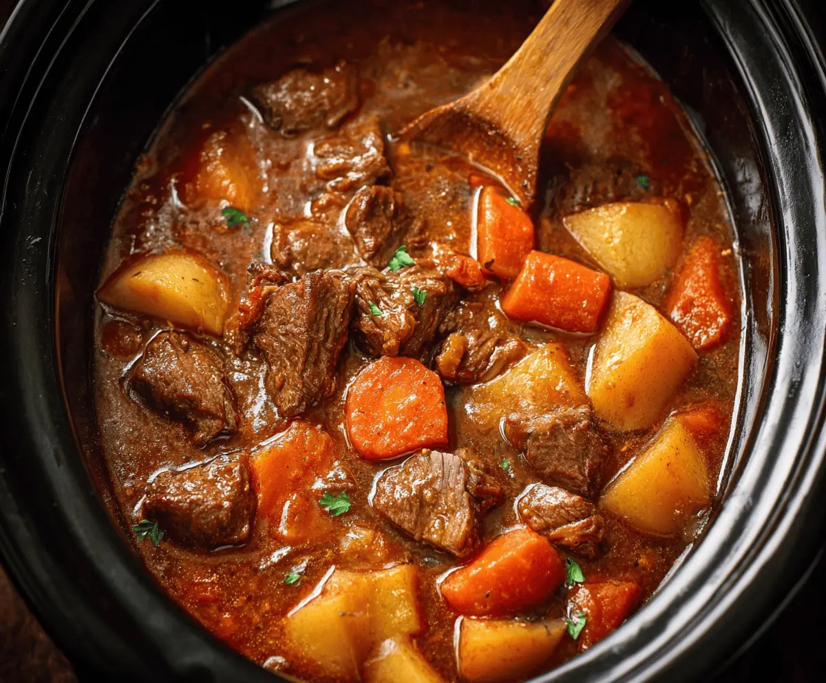 Hearty crockpot beef stew with tender beef chunks, carrots, potatoes, and vegetables in a flavorful broth.