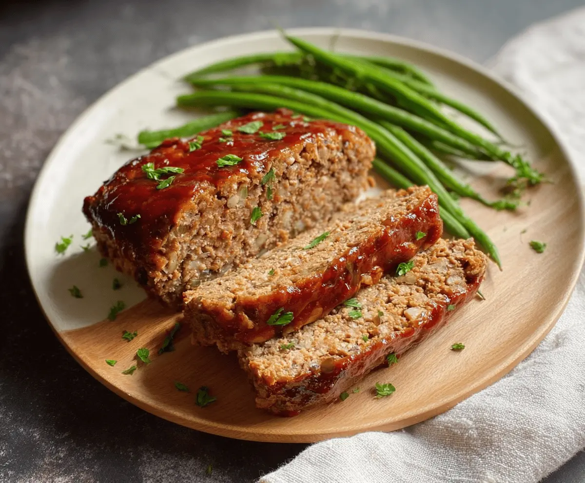 Delicious dairy-free meatloaf served on a plate with fresh herbs, perfect for a gluten-free, vegan-friendly dinner