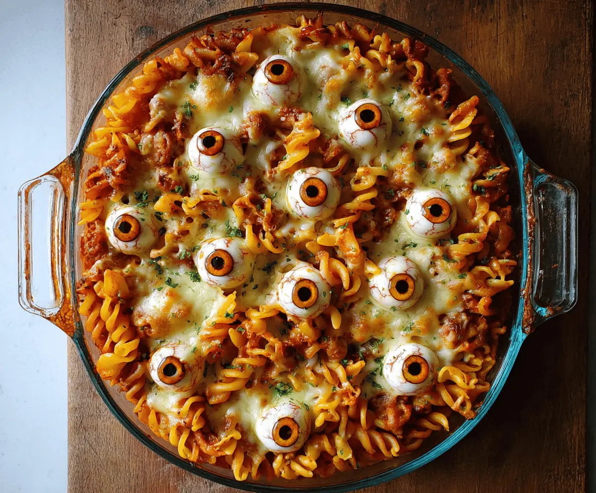 A spooky eyeball pasta bake topped with mozzarella cheese and garnished with green herbs, perfect for Halloween themed dinners.