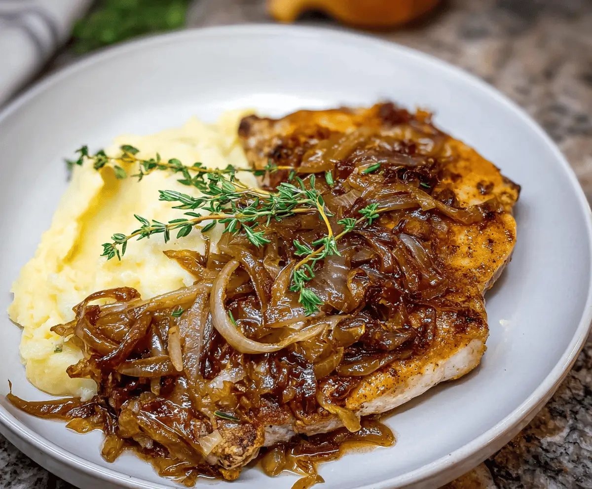 Juicy French Onion Pork Chops topped with caramelized onions and melted cheese served on a plate, perfect for a flavorful dinner recipe.