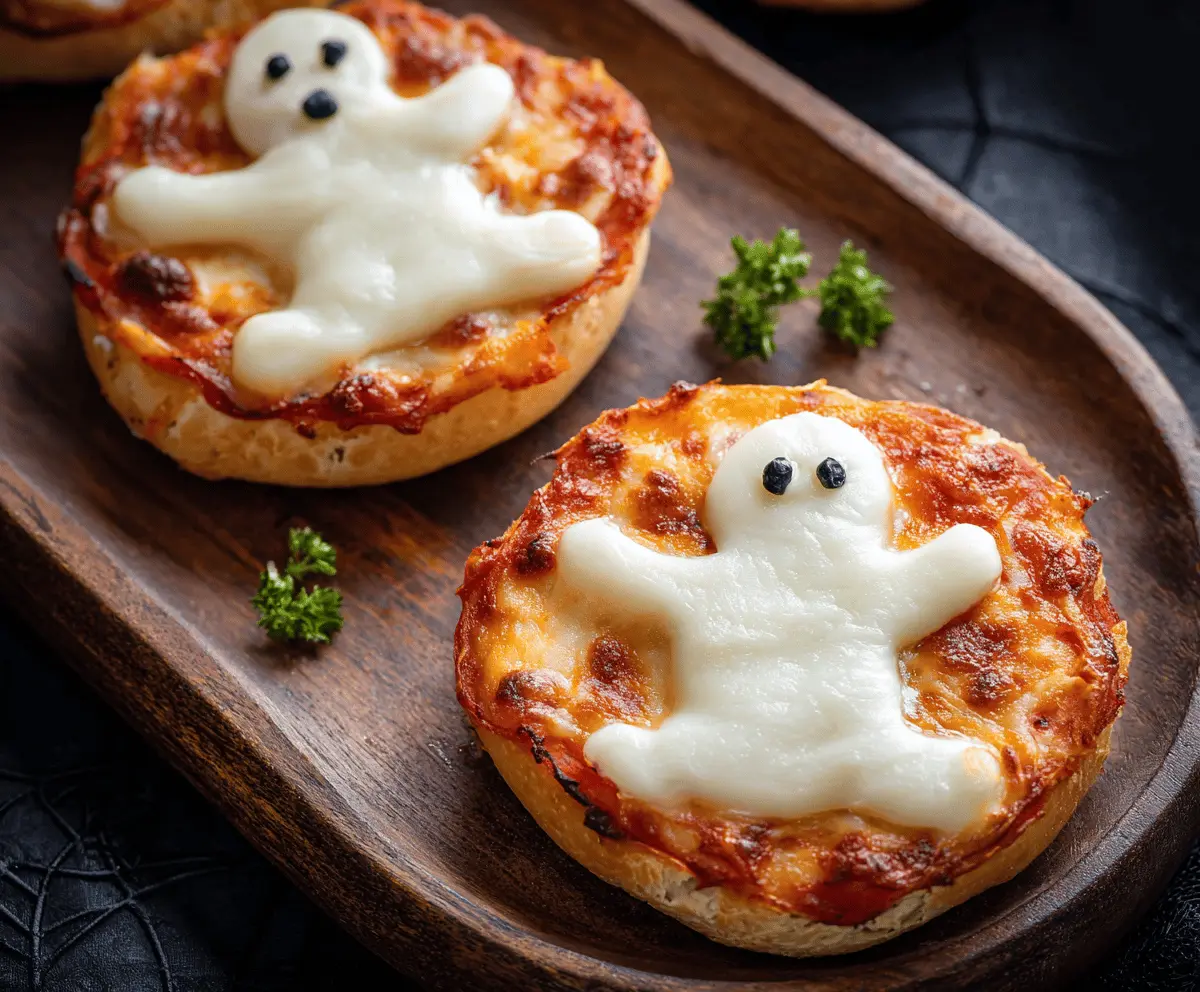 Delicious ghost-shaped pizza bagels topped with cheese and pepperoni for a fun Halloween snack