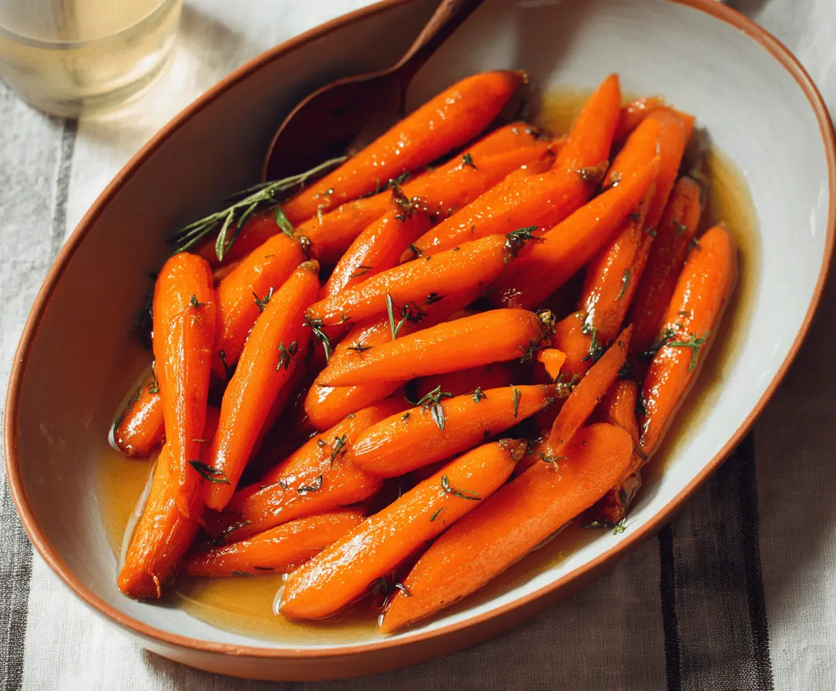 Colorful glazed carrots garnished with fresh herbs on a white plate, perfect for a delicious and healthy side dish.
