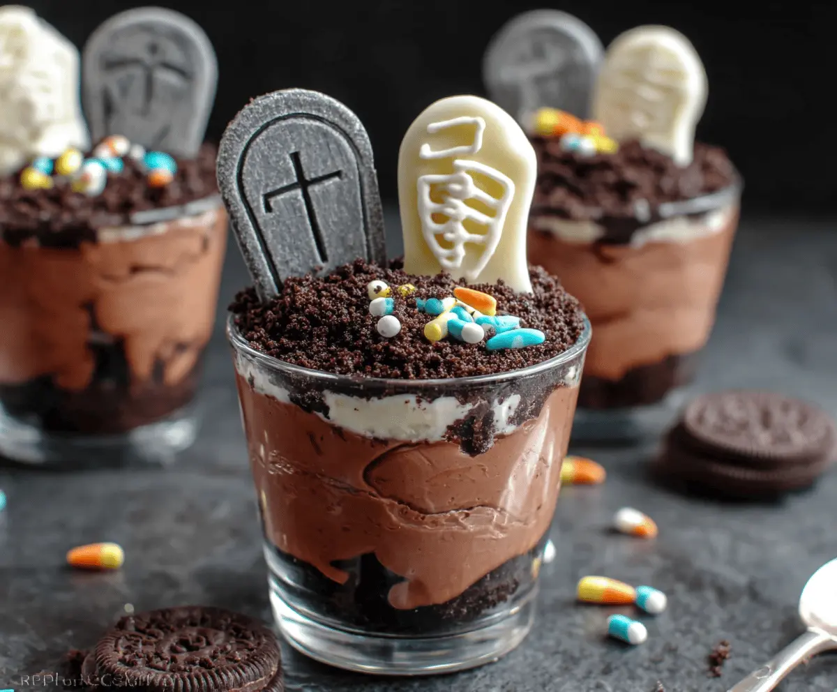 Delicious Graveyard Chocolate Pudding Cups with creepy edible decorations for Halloween dessert