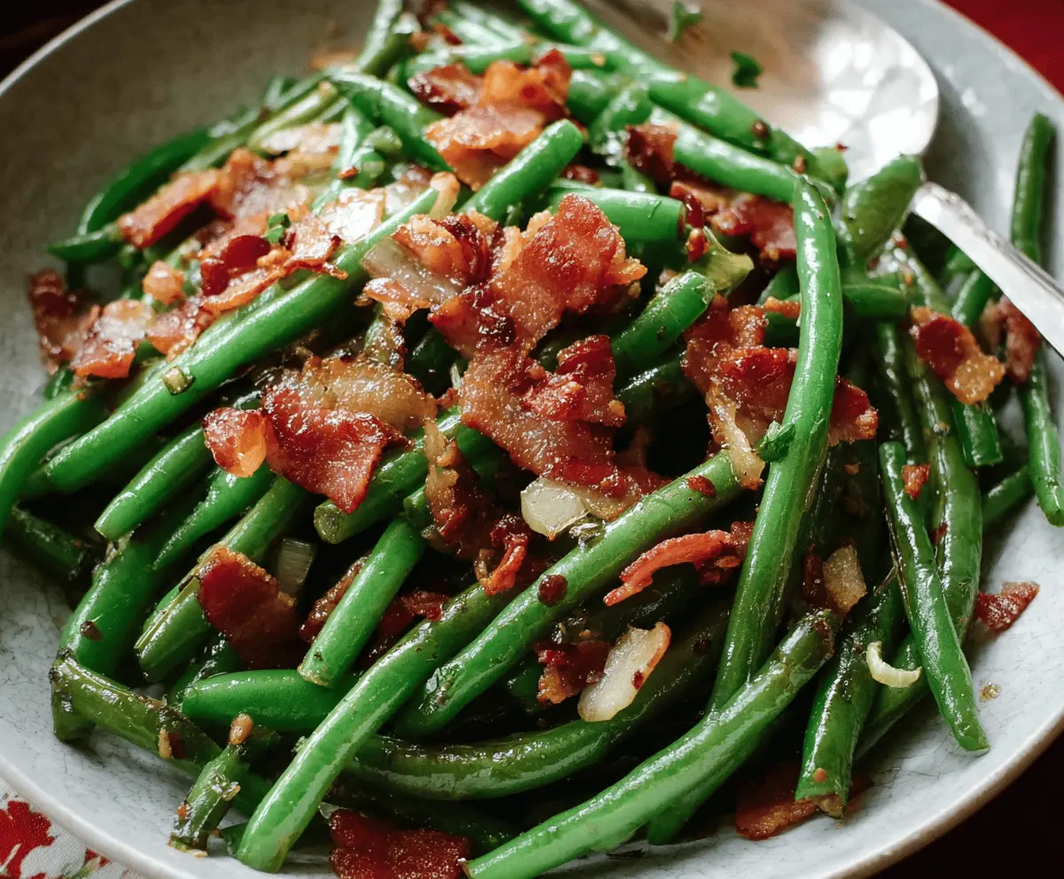 Delicious green beans with crispy bacon slices served on a plate.