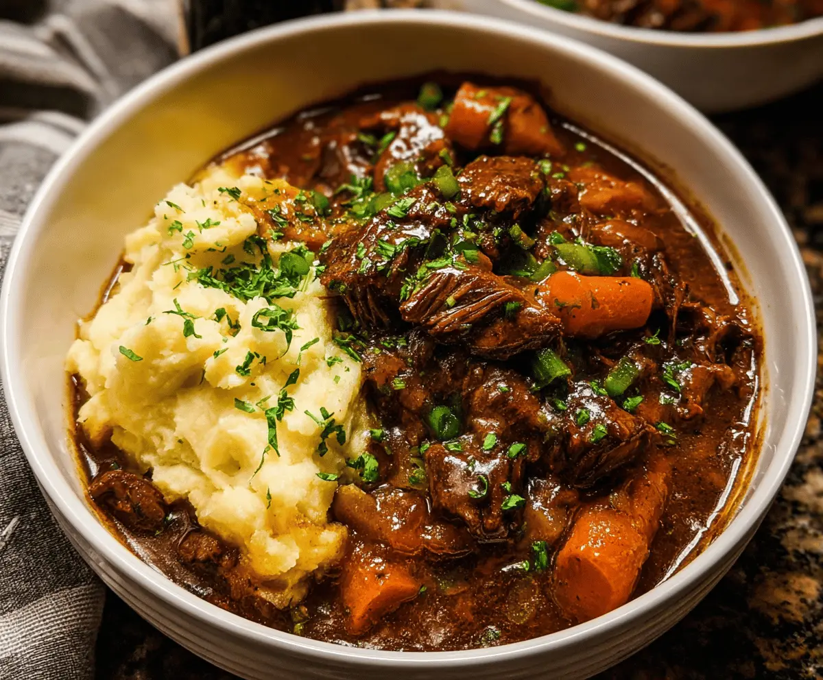 Hearty Guinness Beef Stew with tender beef chunks, vegetables, and rich gravy served in a rustic bowl.