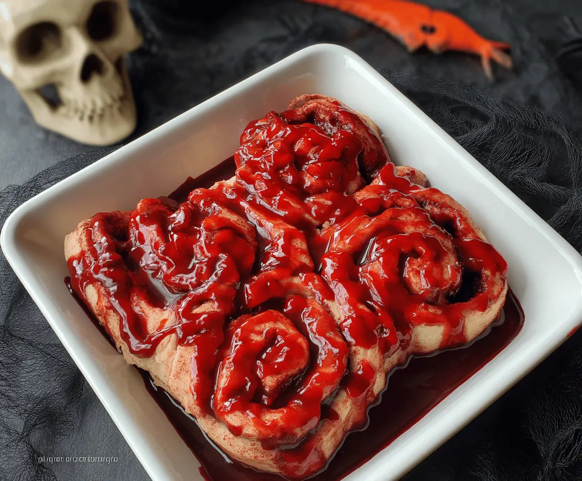 Spooky Halloween Bloody Cinnamon Rolls with red icing and creepy toppings for a festive treat