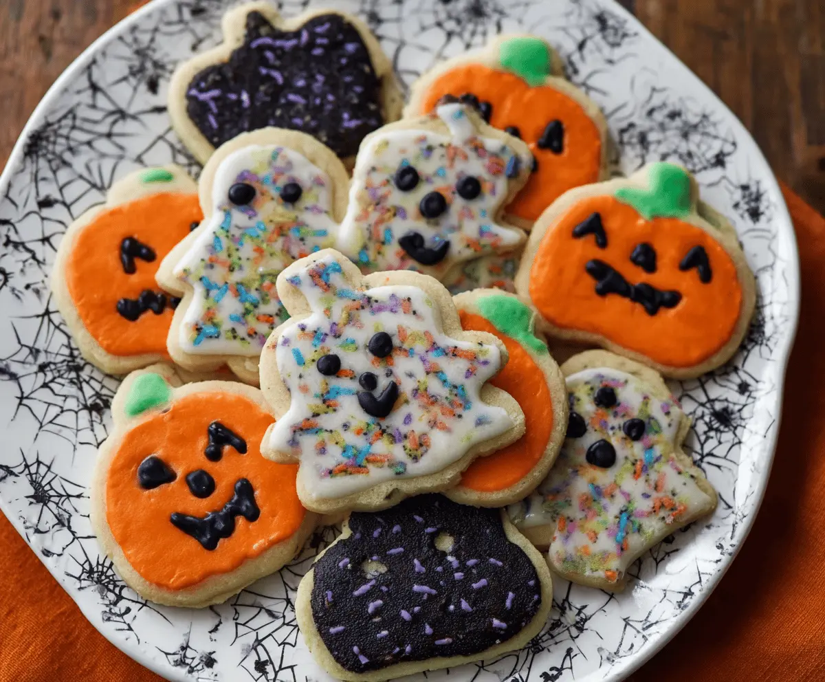 Decorative Halloween shortbread cookies shaped like pumpkins, ghosts, and bats for festive treats