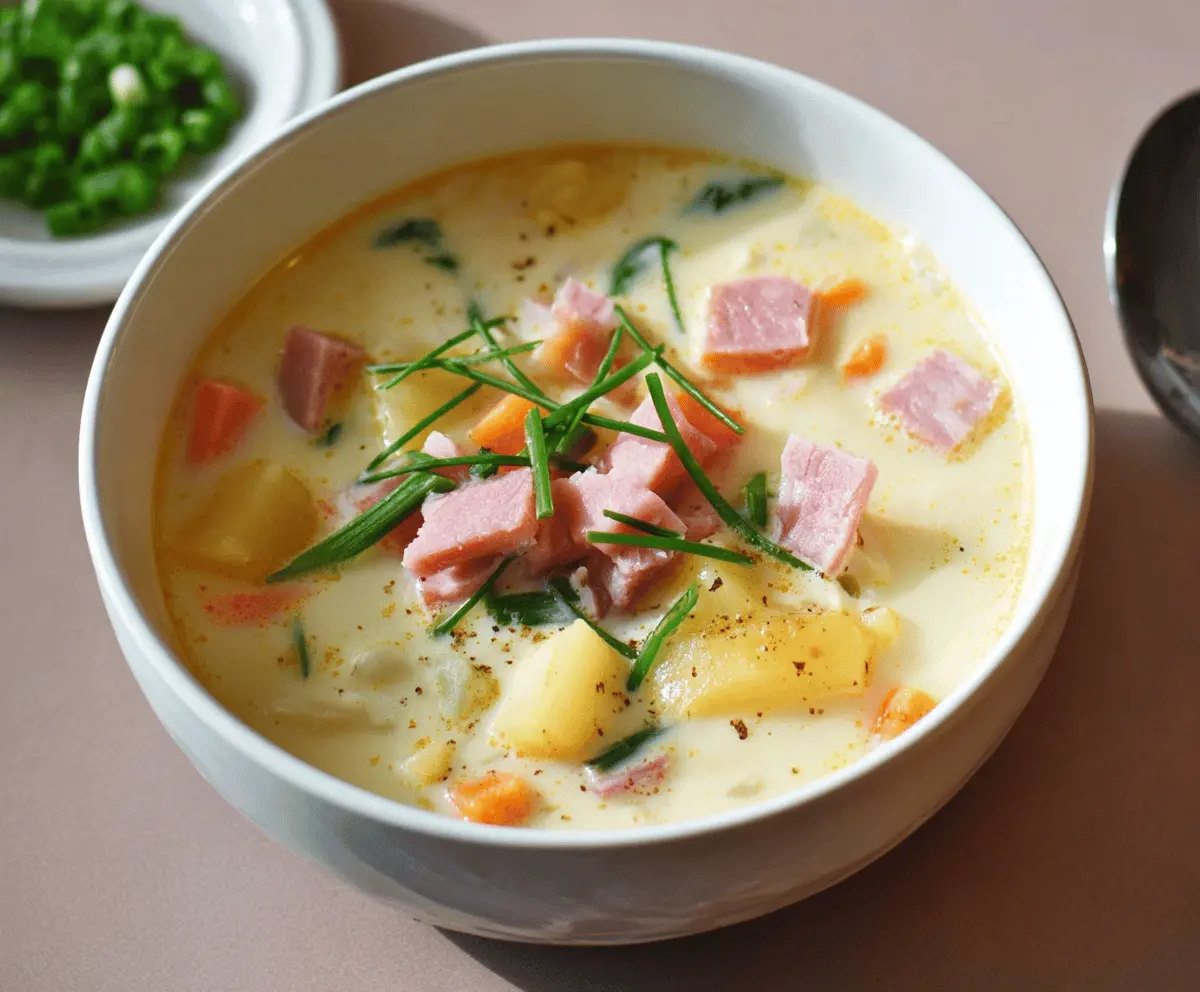 Creamy ham and potato soup served in a bowl with chopped herbs, perfect for a comforting meal