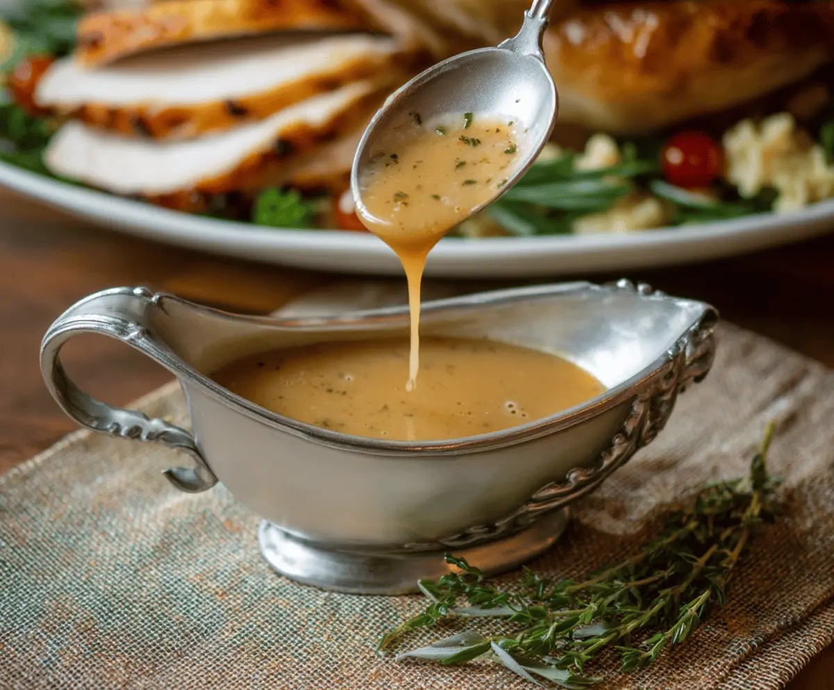 Creamy homestyle turkey gravy served in a gravy boat, perfect for Thanksgiving and family dinners.