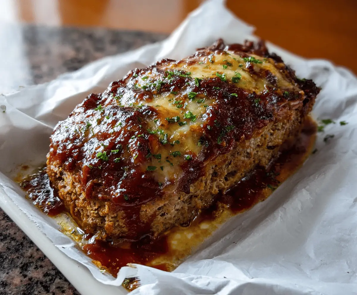 Juicy honey mustard glazed meatloaf garnished with fresh herbs on a white plate, served with roasted vegetables.