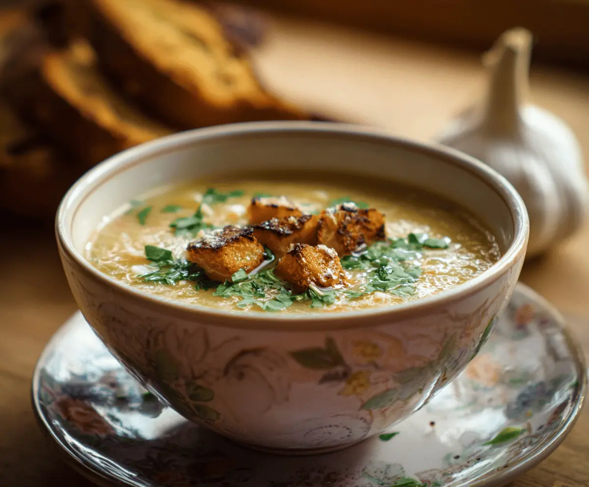 A steaming bowl of Italian Garlic Soup garnished with fresh herbs, served with crusty bread on a rustic wooden table.