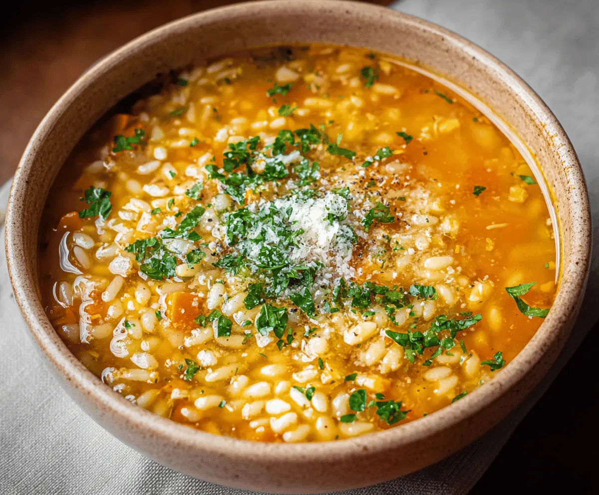 A steaming bowl of Italian Pastina Soup with tiny pasta, vegetables, and herbs, served in a white bowl on a rustic wooden table.