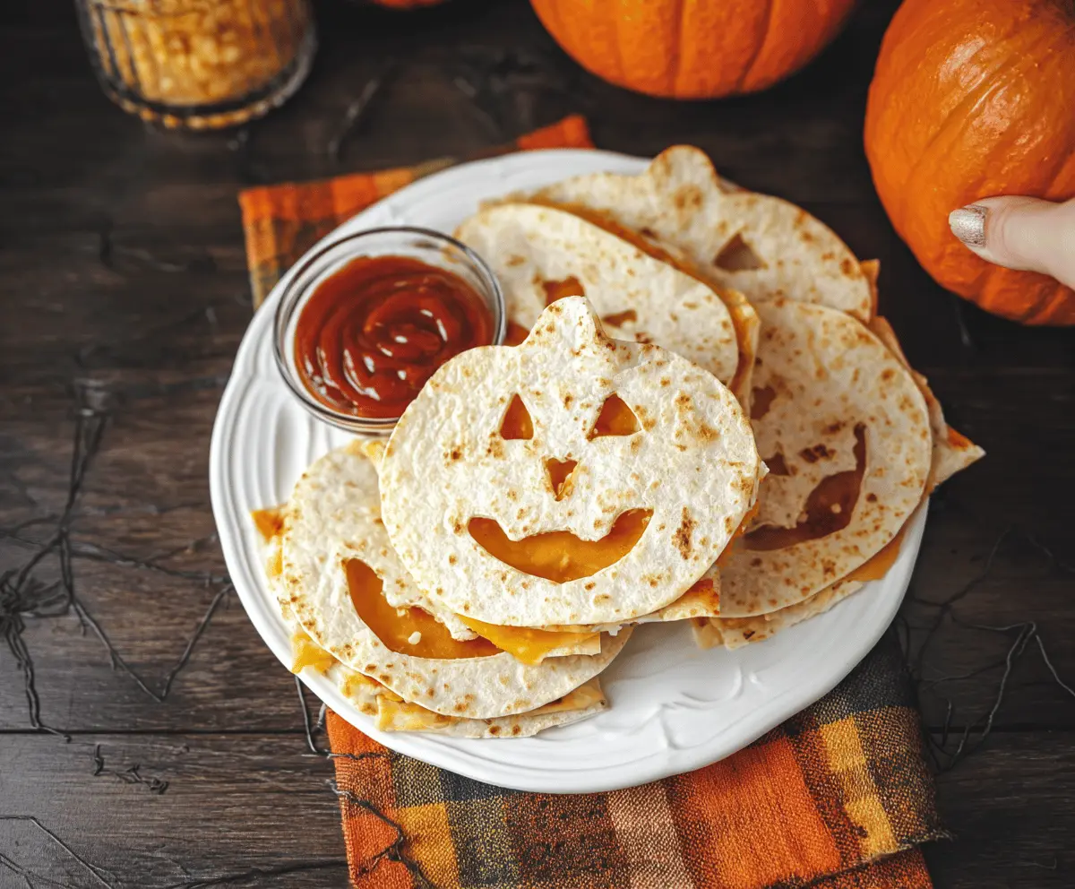 Delicious Jack o Lantern quesadillas with melted cheese and festive Halloween pumpkin design on a plate.