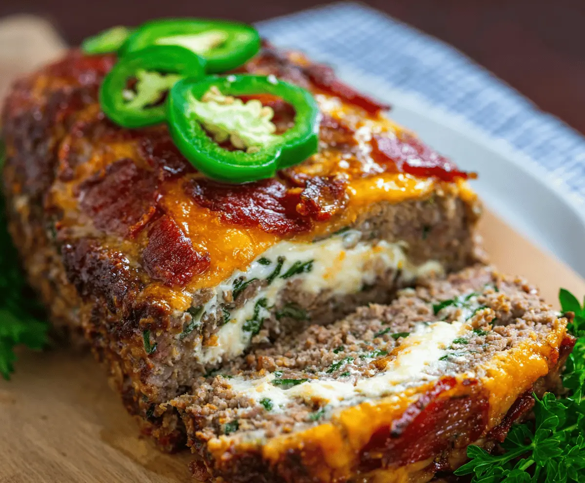 Spicy Jalapeño Popper Meatloaf topped with melted cheese and crispy bacon slices, garnished with fresh herbs, served on a plate