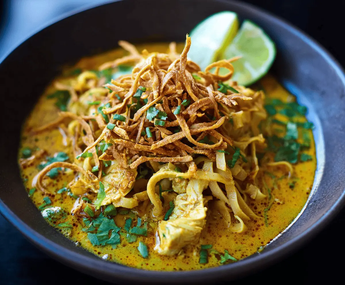 Creamy Thai Khao Soi bowl topped with crispy noodles, lime, and fresh herbs, served in a traditional bowl