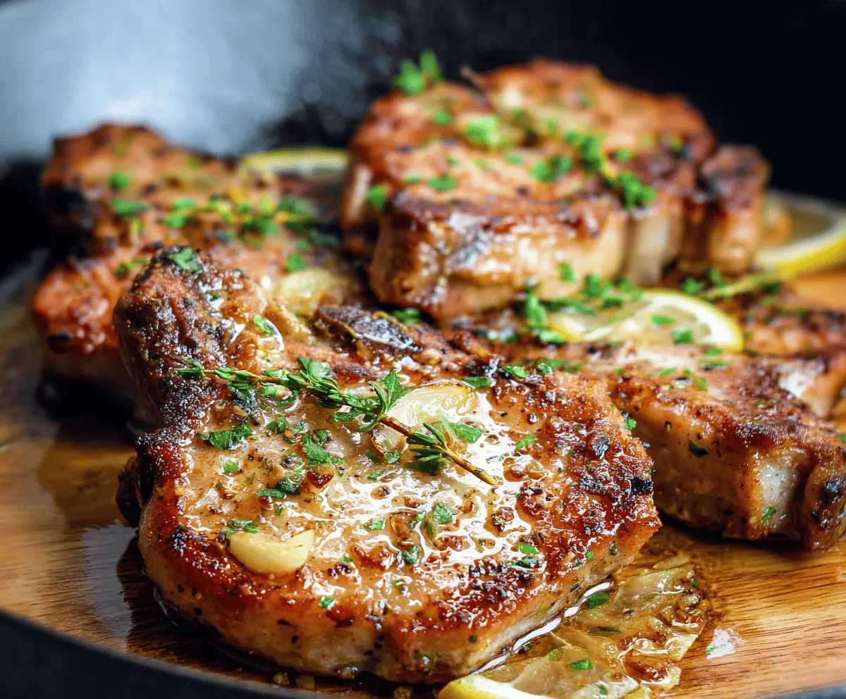 Juicy lemon garlic pork chops garnished with fresh herbs on a rustic wooden plate, perfect for a flavorful dinner