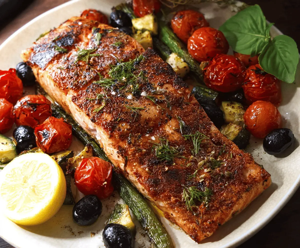 Delicious Mediterranean Salmon Bake with fresh herbs, cherry tomatoes, olives, and lemon slices served on a white plate