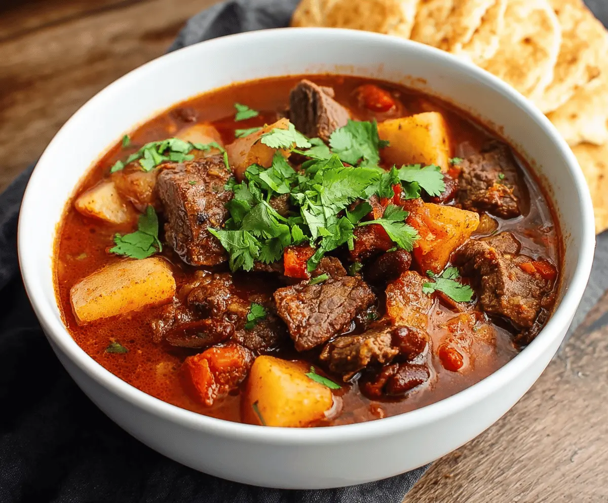 Hearty Mexican Beef Stew with tender beef, vegetables, and traditional spices served in a rustic bowl.