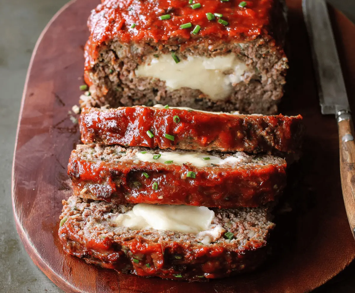 Juicy mozzarella-stuffed meatloaf topped with melted cheese and fresh herbs on a rustic wooden platter