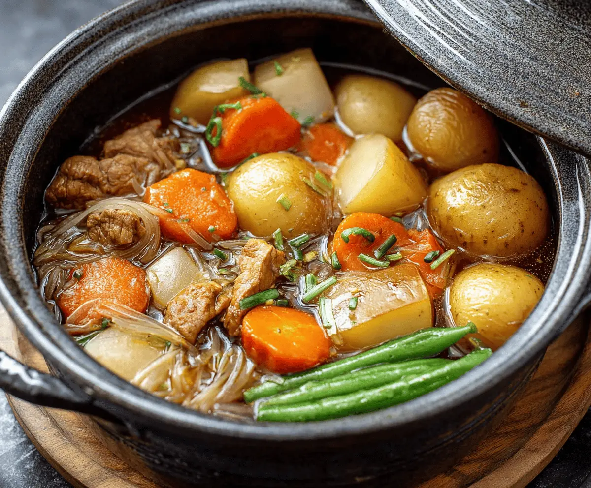 Delicious One Pot Japanese Nikujaga with tender beef, potatoes, carrots, and onions simmered in savory soy-based broth