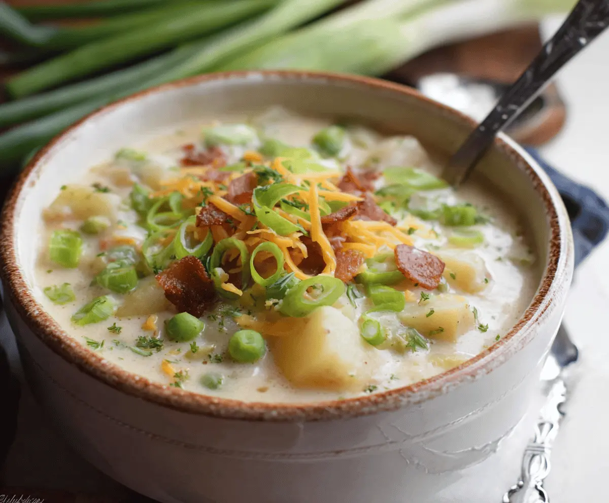 Creamy one-pot potato soup garnished with fresh herbs in a white bowl on a rustic wooden table