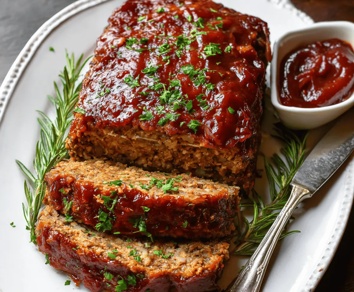 Delicious Onion Soup Mix Meatloaf served on a plate with herbs for a hearty meal