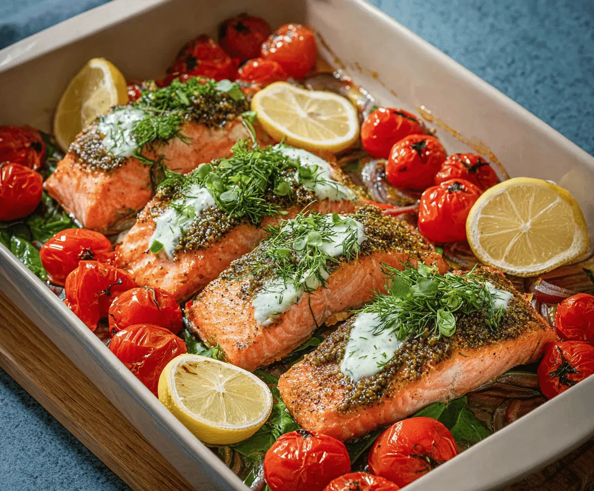 Delicious oven-baked Greek salmon fillet garnished with fresh herbs and lemon slices, served on a white plate with a side of vegetables.