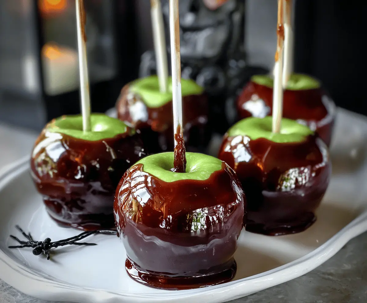 Delicious Poison Apple Caramel Apples with dark chocolate and spooky Halloween decorations for a festive treat