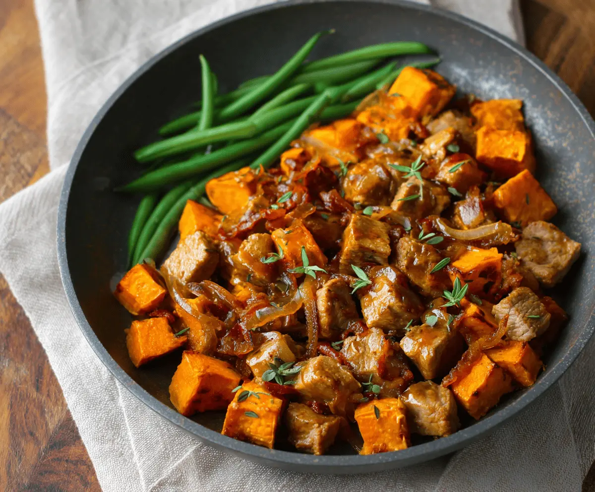 Delicious pork and sweet potato skillet with colorful vegetables, served hot in a skillet for a hearty and healthy meal.