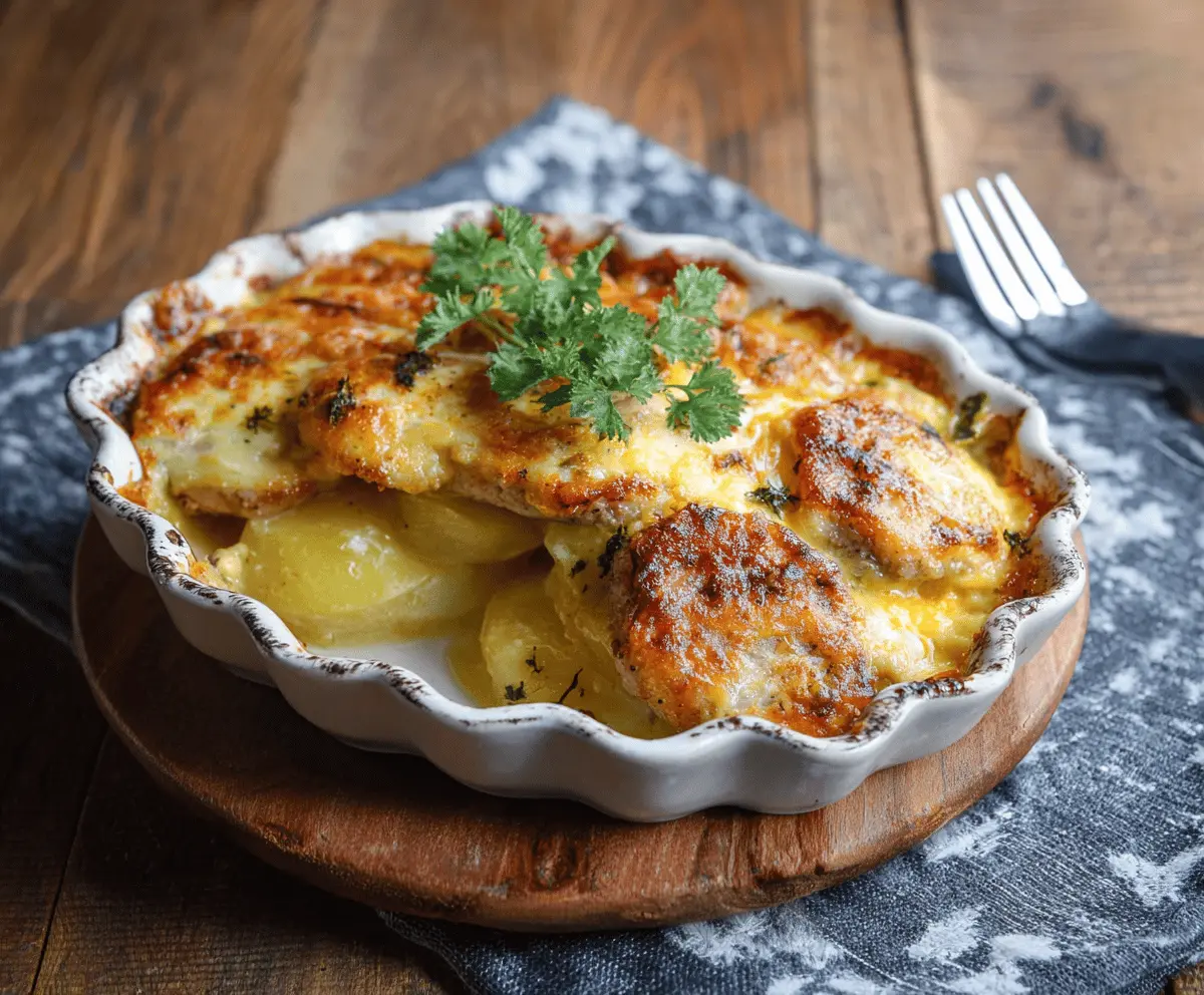 Delicious pork chops and potatoes casserole baked to perfection with crispy edges and golden brown topping, served hot on a plate.