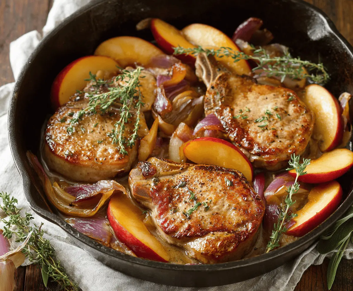 Juicy pork chops topped with caramelized apples and onions served on a plate, perfect for a savory and sweet dinner recipe.