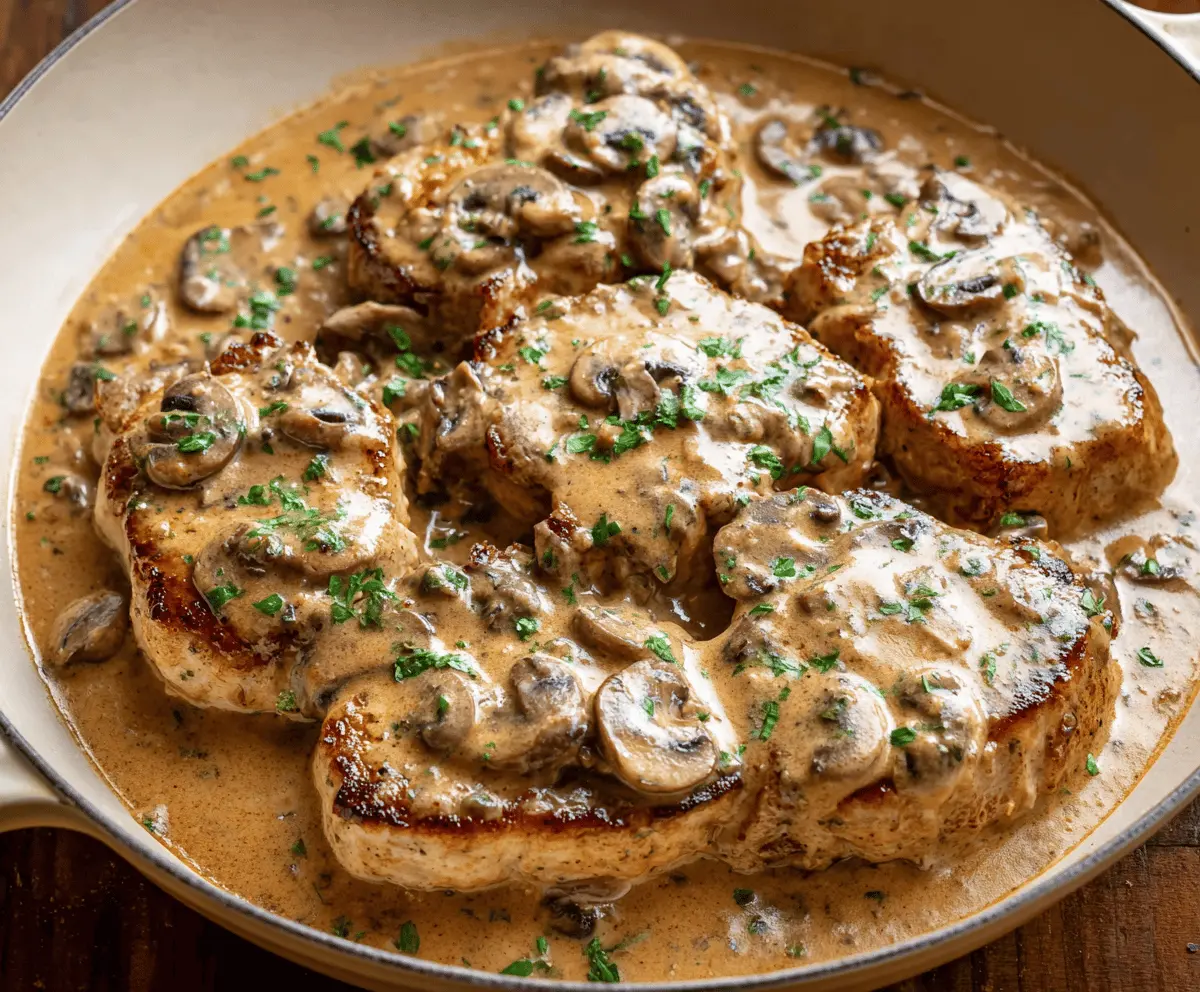 Juicy pork chops served with creamy mushroom soup garnished with fresh herbs on a plate