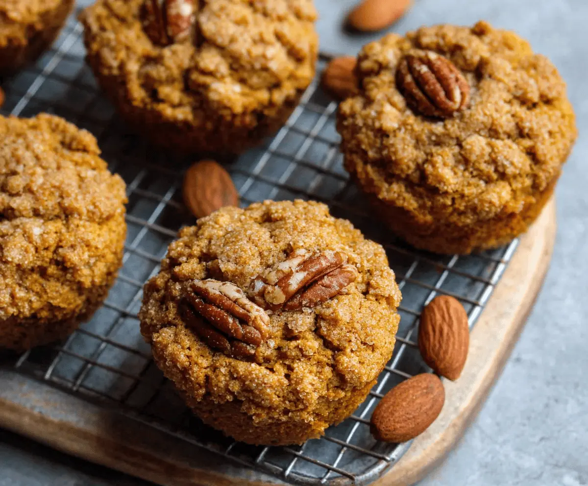 Delicious homemade pumpkin almond flour muffins topped with a sprinkle of cinnamon, perfect for a healthy breakfast or snack.