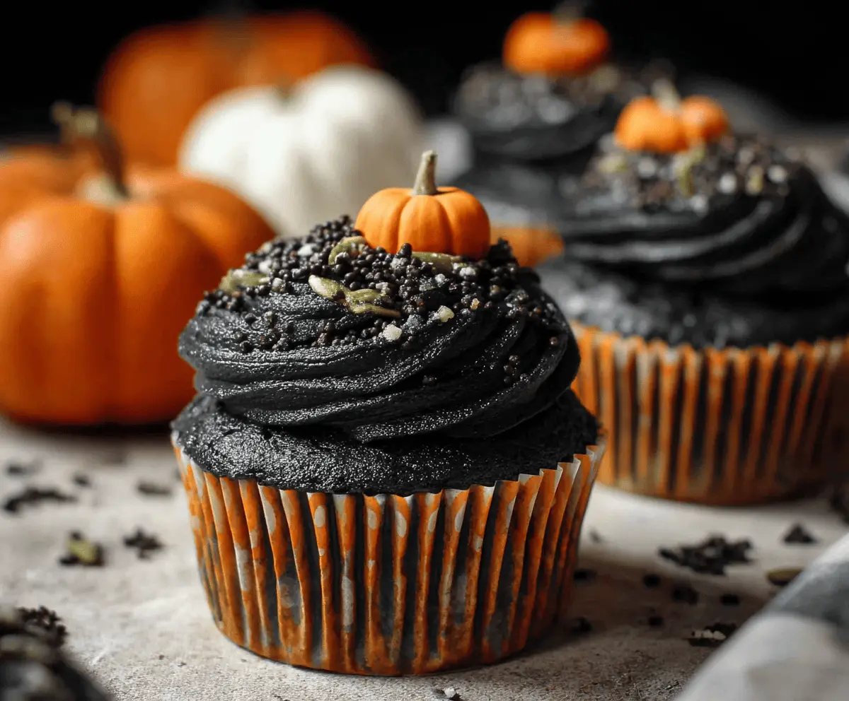 Delicious Pumpkin Black Velvet Cupcakes topped with cream cheese frosting and garnished with orange sprinkles, perfect for fall desserts.