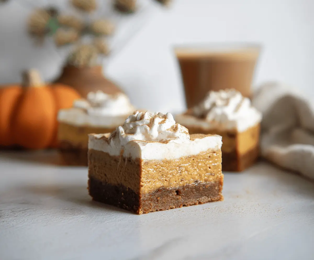 Delicious Pumpkin Blondie Cheesecake Bars with a creamy topping and pumpkin spice flavor on a rustic wooden surface