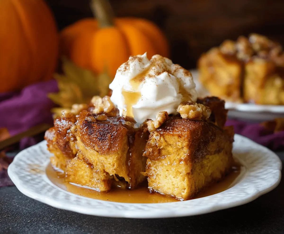 Delicious pumpkin bread pudding topped with whipped cream and caramel drizzle, perfect for fall desserts