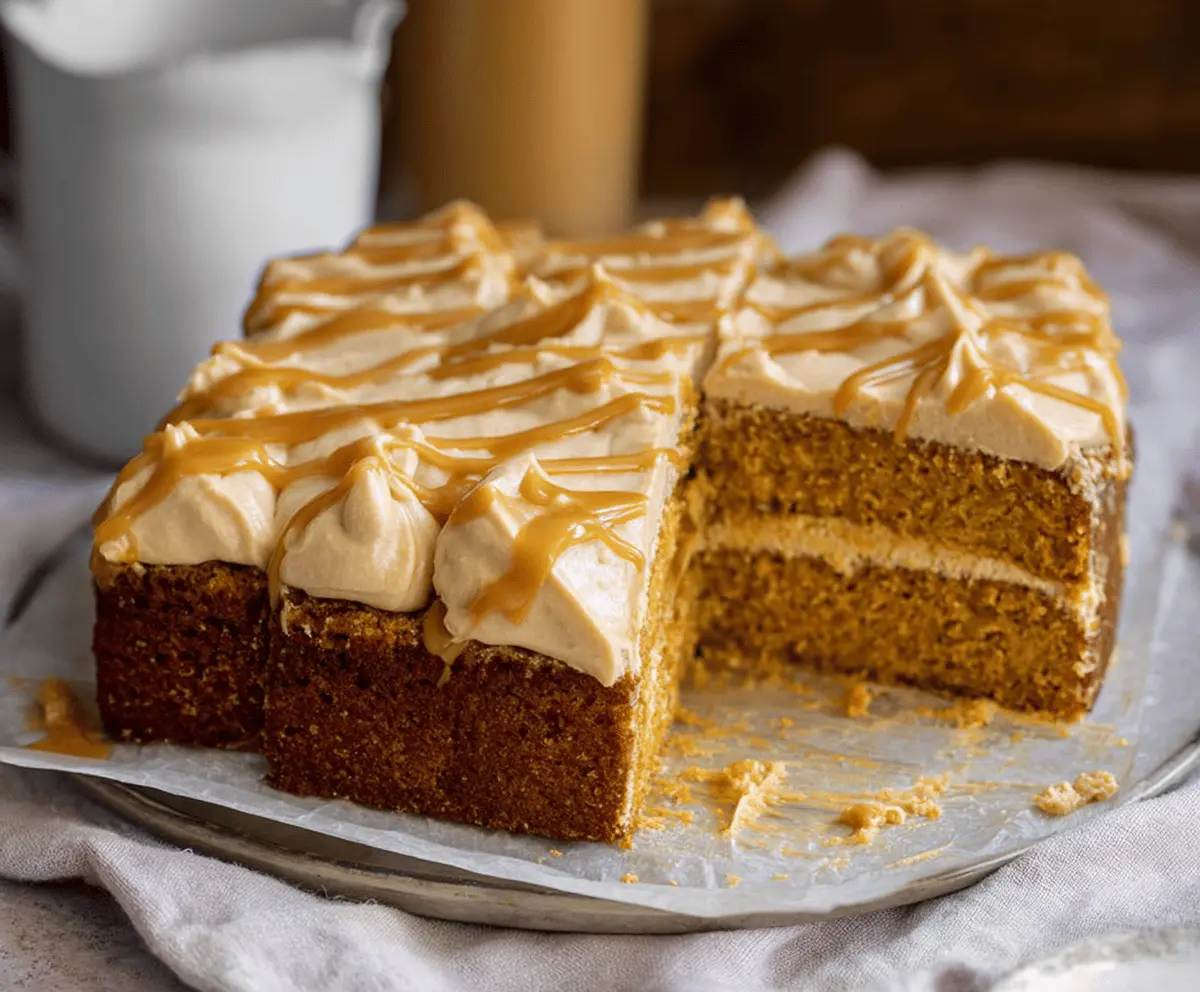 Delicious pumpkin cake topped with creamy caramel cream cheese frosting, perfect for fall desserts.