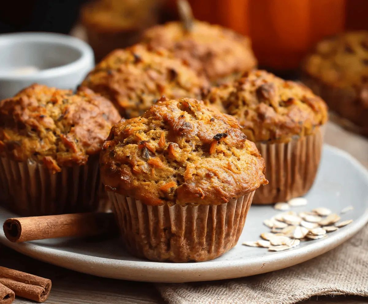 Freshly baked pumpkin carrot muffins in a baking tin, with a golden-brown crust and a moist, flavorful interior, perfect for breakfast or snacks.