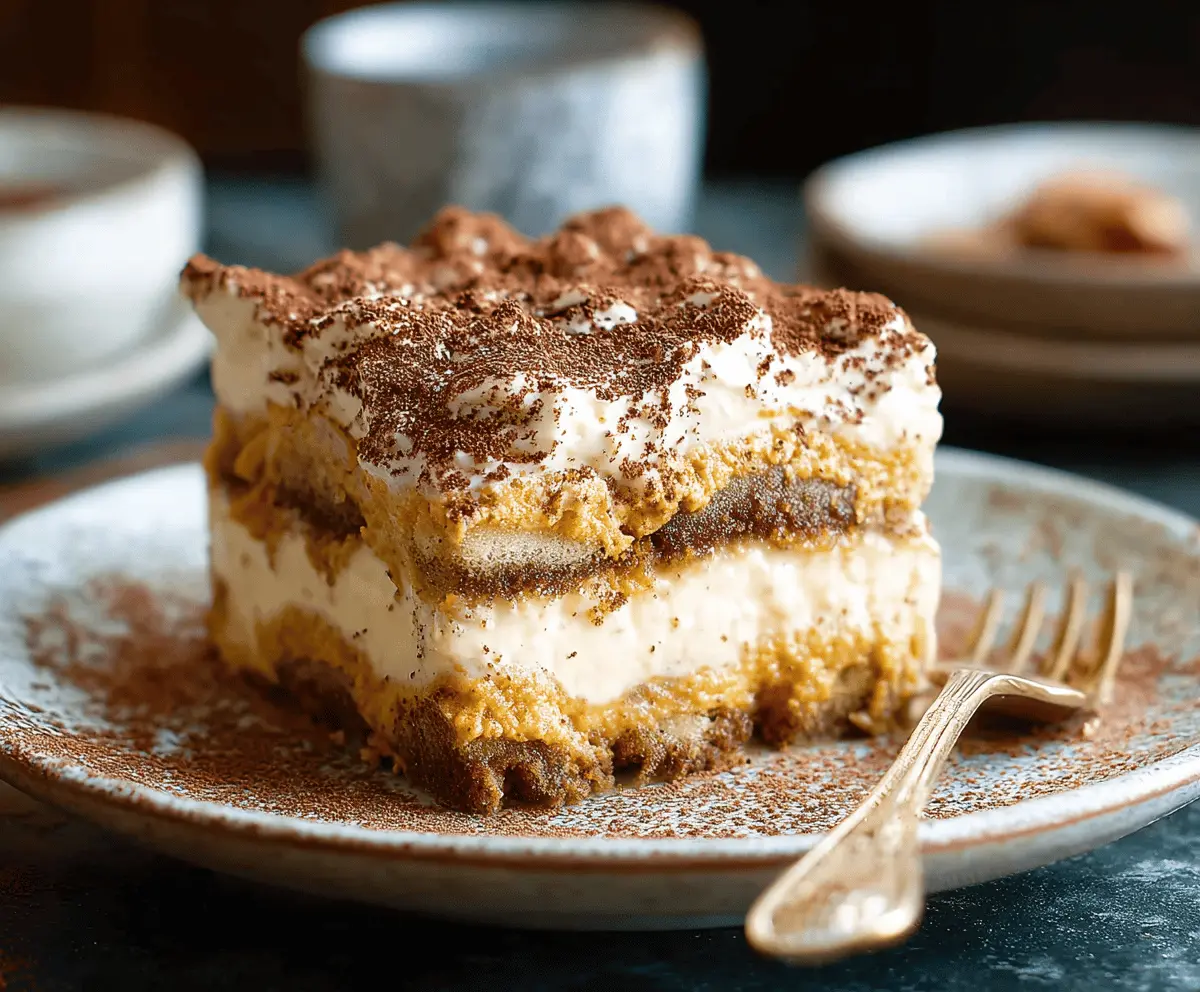 Delicious Pumpkin Chai Tiramisu layered dessert with pumpkin, chai spices, and mascarpone cheese in a glass serving dish